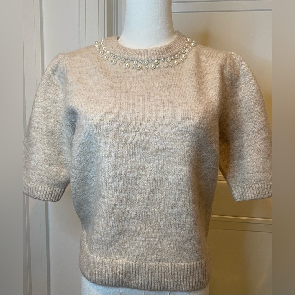 Joie Puff Short Sleeve Beige Spring Sweater with Pearl Detail Small NWT Soft